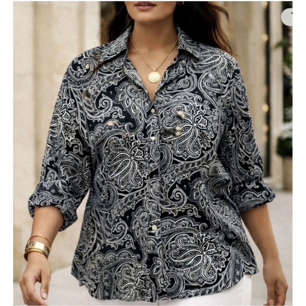 Lauren Ralph Lauren Paisley Button Down Shirt Womens L Button up Blouse Career